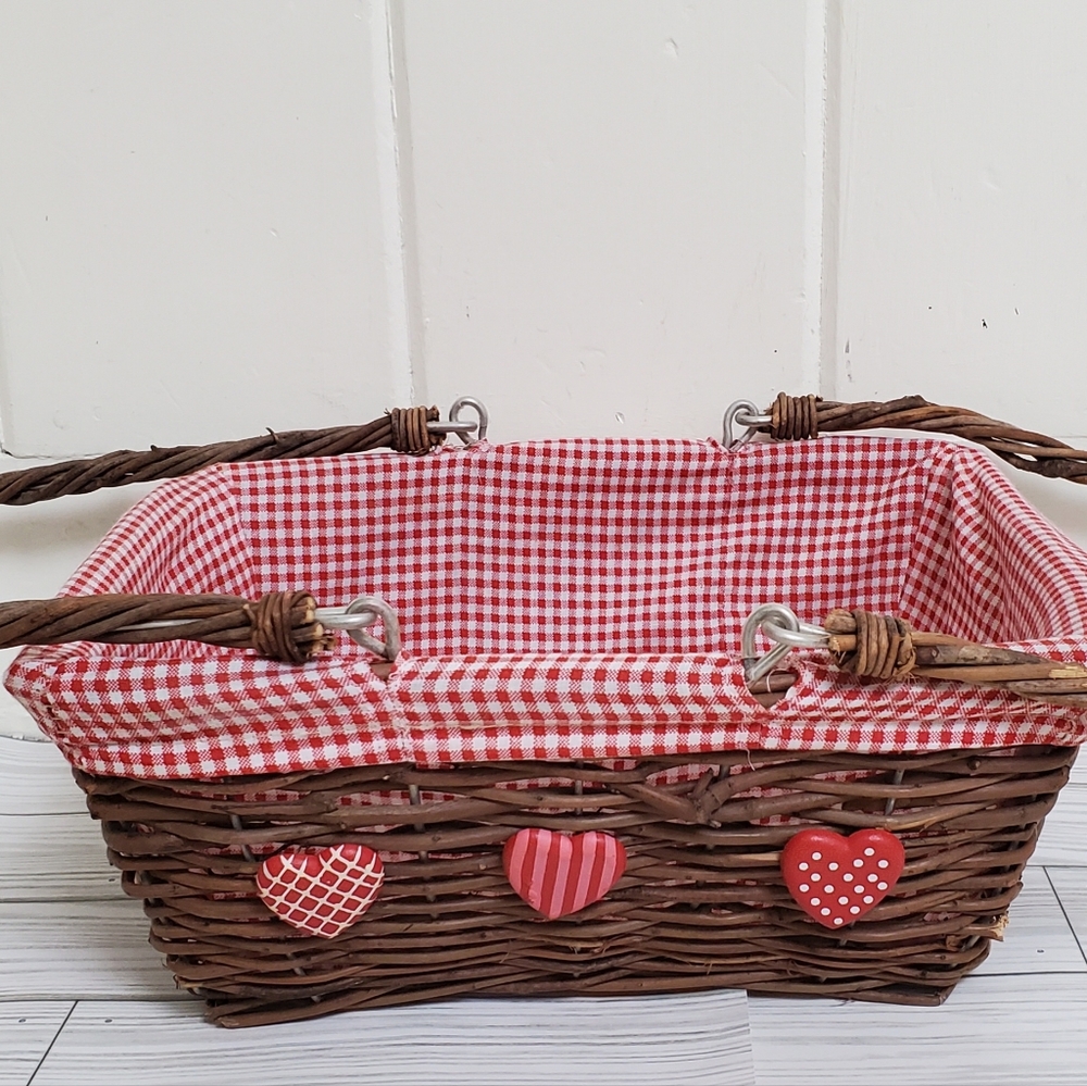 Handled Basket with Hearts and red and white gingham fabric